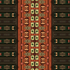 Fototapeta premium Retro pixel art pattern featuring symmetrical motifs in brown and green tones with ornate decorative details. Golden keywords: pixel, retro, vintage, pattern, ornate