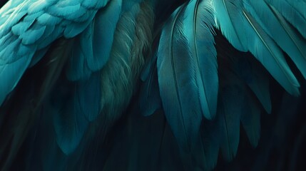 Fototapeta premium Elegant macro of lush teal feathers, textured background, intricate avian plumage.