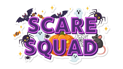 Scare Squad Celebration: A delightful display of Halloween-themed illustrations featuring cheerful ghosts, bats, spiders, and a pumpkin create a captivating scene.