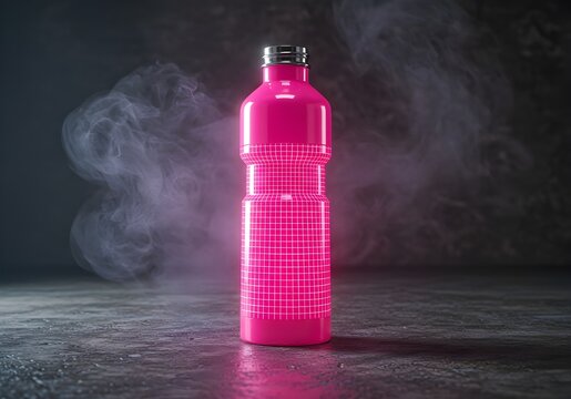Neon Sports Water Bottle on Concrete with Smoke and Cyber Grid Glow