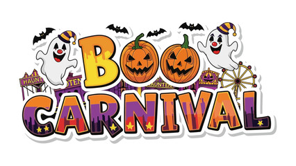 Spooky Carnival Delights: Vibrant illustration captures the essence of Halloween with whimsical elements: playful ghost, grinning pumpkins, and the allure of a carnival setting