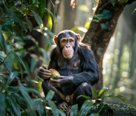 Chimpanzee In Dense Jungle Feeding On Mango In Natural Habitat, Surrounded By Lush Leaves