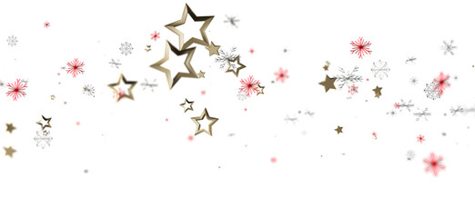 Festive Christmas or New Year background with gold stars and silver snowflakes on white. Seasonal abstract design for greeting cards, invitation