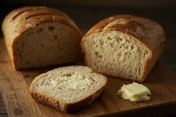 Slice of sourdough bread topped with butter and fresh homemade white bread
