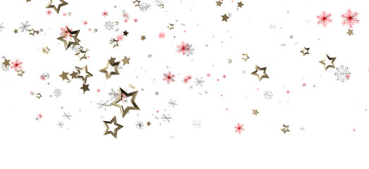 Festive abstract Christmas background featuring golden stars, silver and red snowflakes on white background. Great for holiday designs, greeting