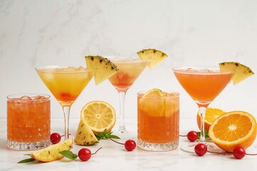 Fototapeta premium Assorted cocktails served in multiple glass styles decorated with pineapple and cherry, featuring blank space for text