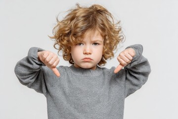 Playful boy giving a thumbs down against a white backdrop