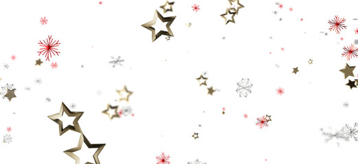 Abstract Christmas background with gold stars and red and white snowflakes falling on a white backdrop. Perfect for holiday designs and greeting