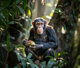 Chimpanzee In Dense Jungle Feeding On Mango In Natural Habitat, Surrounded By Lush Leaves
