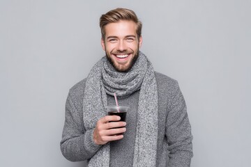 Joyful young man in a gray sweater and scarf holding a plastic cup of soda against a gray backdrop Healthy fashion genuine emotions winter theme Space for text