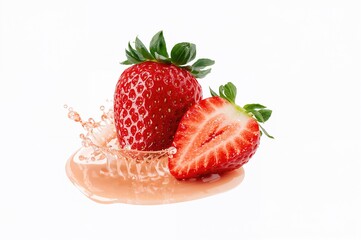 Juicy strawberries splashing on a clean white surface