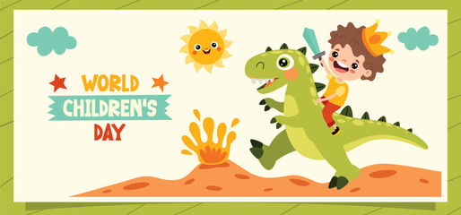 Cartoon Kid Riding Cute Dinosaur