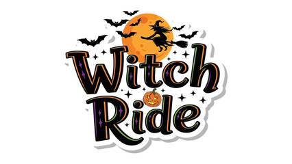 Witch Ride Illustration: An enchanting illustration of a witch riding a broom, set against a backdrop of a full moon and bats, capturing the spooky atmosphere of Halloween. 