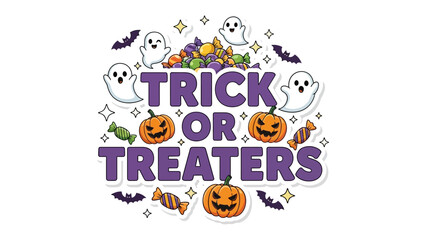 Halloween Celebration: A festive Halloween illustration featuring friendly ghosts, carved pumpkins, candy, and bats, set against a backdrop of stars.