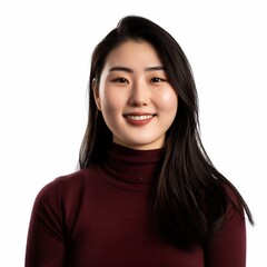 30 year old Korean woman warm confident smile long black hair slight freckle her cheek wearing modern burgundy turtleneck Soft even studio lighting highlight her skin