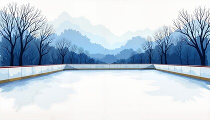 Outdoor ice rink at night with snow-covered trees in winter  