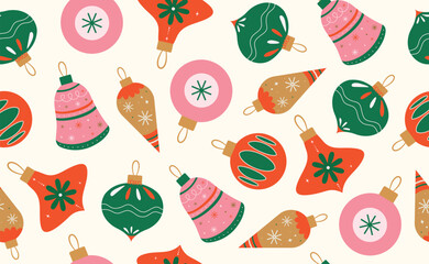 Christmas baubles pattern with trendy geometric ornament. Merry Christmas background for decorations, gift, greeting card, poster. Hand drawn color Xmas balls in flat style. Minimal Isolated vector il