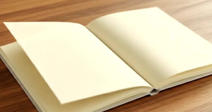 Blank notebook pages turning on a wooden table