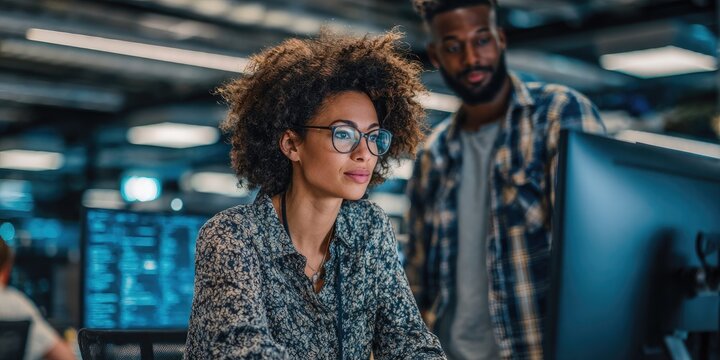 Online developer and engineer collaborate on network server management information technology office environment male and female specialists at work