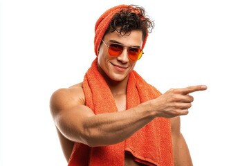 isolated young man pointing with a towel and shades