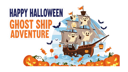 Ghost Ship Halloween Adventure: A whimsical illustration showcasing a spectral galleon sailing through a Halloween night scene, adorned with ghostly figures, playful pumpkins, and festive sweets.