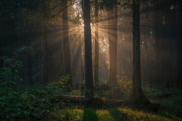 Fototapeta premium Sunlight piercing through a rainy woodland