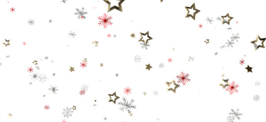 Abstract Christmas or New Year background with falling gold stars, snowflakes and festive design elements on white, winter holiday backdrop with