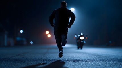 Lone runner dashing through the urban landscape, silhouetted against the bright lights and dark shadows of the nighttime cityscape.