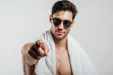 isolated young man pointing with a towel and shades