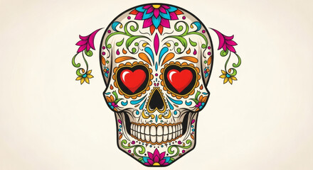 A vibrant, ornate sugar skull adorned with colorful floral patterns, heart-shaped eyes, and decorative flourishes, symbolizing Day of the Dead traditions.