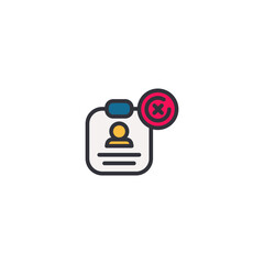 This icon shows an identification card with a red cancel mark, representing account removal, access denial, or user deactivation.