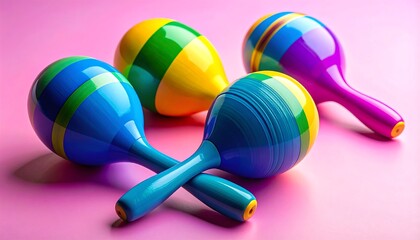 Colorful Maracas Musical Instruments on Pink Background.