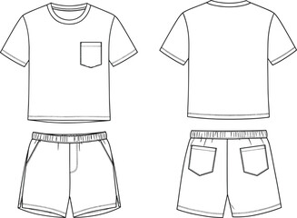 Casual two piece outfit flat sketch with short sleeve t shirt and shorts, chest pocket, elastic waistband, technical fashion design illustration, cad drawing flat vector illustration