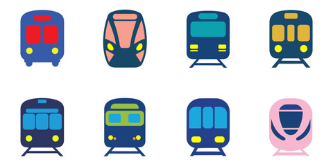Minimalist vector icons of colorful train fronts in flat design style, showcasing diverse transit systems and modern transportation themes