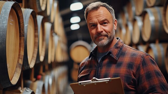 A Caucasian adult male winemaker stands among barrels, inspecting the wine’s quality while holding a clipboard