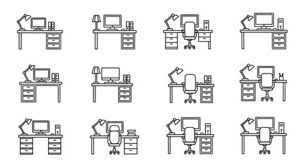 Collection of hand drawn office desks with computers lamps and chairs sketch style vector