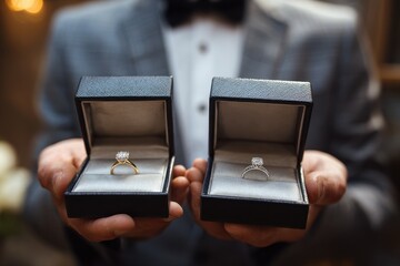 Man offers engagement rings in boxes symbolizing wealth marriage and luxury Room for text