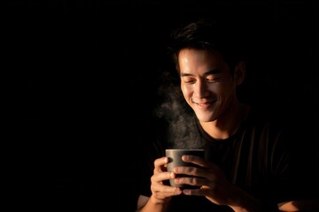 Joyful morning with a scented coffee cup held by an Asian man against a dark backdrop