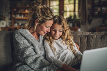 Mother and daughter connecting on the couch studying together on a laptop and enjoying family time