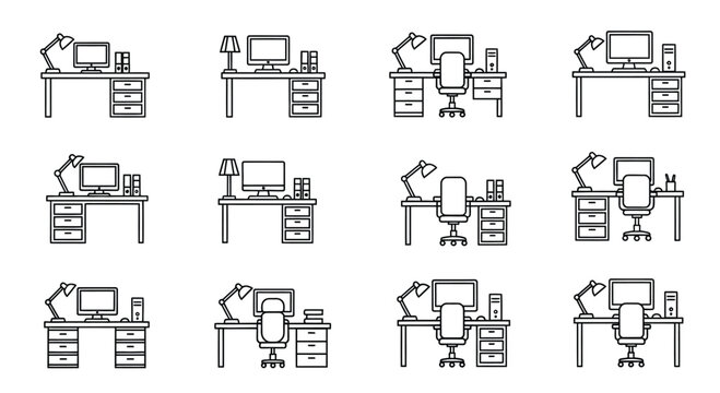 Collection of hand drawn office desks with computers lamps and chairs sketch style vector