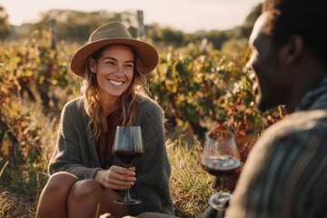 Pair enjoying wine on grass in a vineyard woman in a hat smiles at her boyfriend
