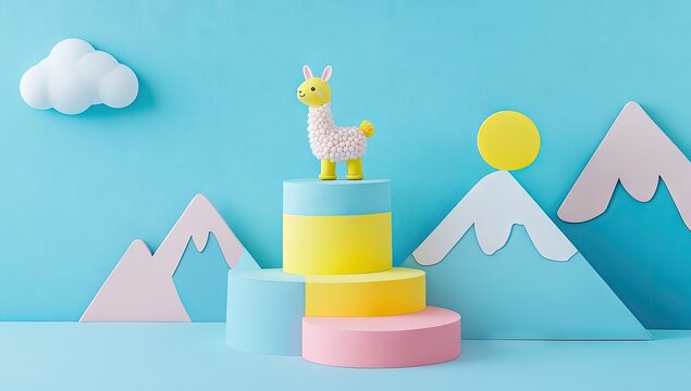 Whimsical llama toy scene with pastel mountains - Powered by Adobe