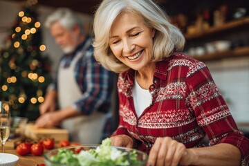 Joyful older woman preparing a salad for a Christmas celebration at home with an adult man in the background