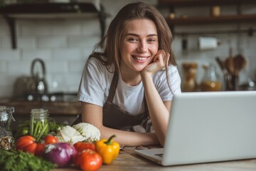 Joyful young woman searching for a recipe on her laptop in the kitchen Concept of a food blogger