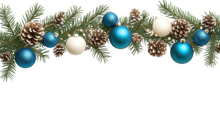 Christmas garland featuring gold, red ornaments, holly leaves, pine branches, red berries on transparent background