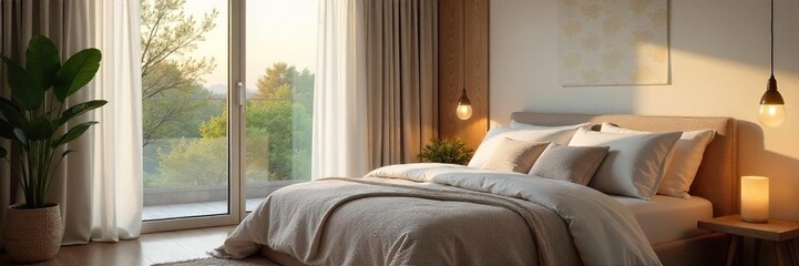Serene Bedroom Sanctuary Soft Lighting, Plush Bedding, and Calming Decor Create a Peaceful Atmosphere Ideal for Relaxation and Restful Sleep