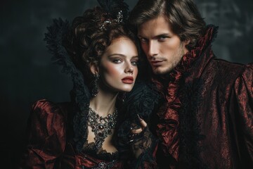 Joyful gothic couple in Halloween attire Vampire in renaissance garb Gothic Halloween outfit Dark newlyweds Cheerful girl in period dress Newlyweds experience desire