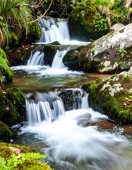 Cascading waterfall in a mossy forest