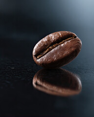roasted coffee bean with reflection on dark surface