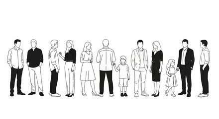 Linear illustration of a diverse group of people, showcasing various poses and attire, in a row.